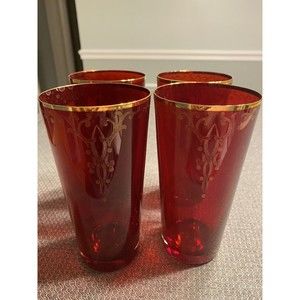 Set of 4 MCM Gorman Red with Gold Accents High Ball Drinking Glasses